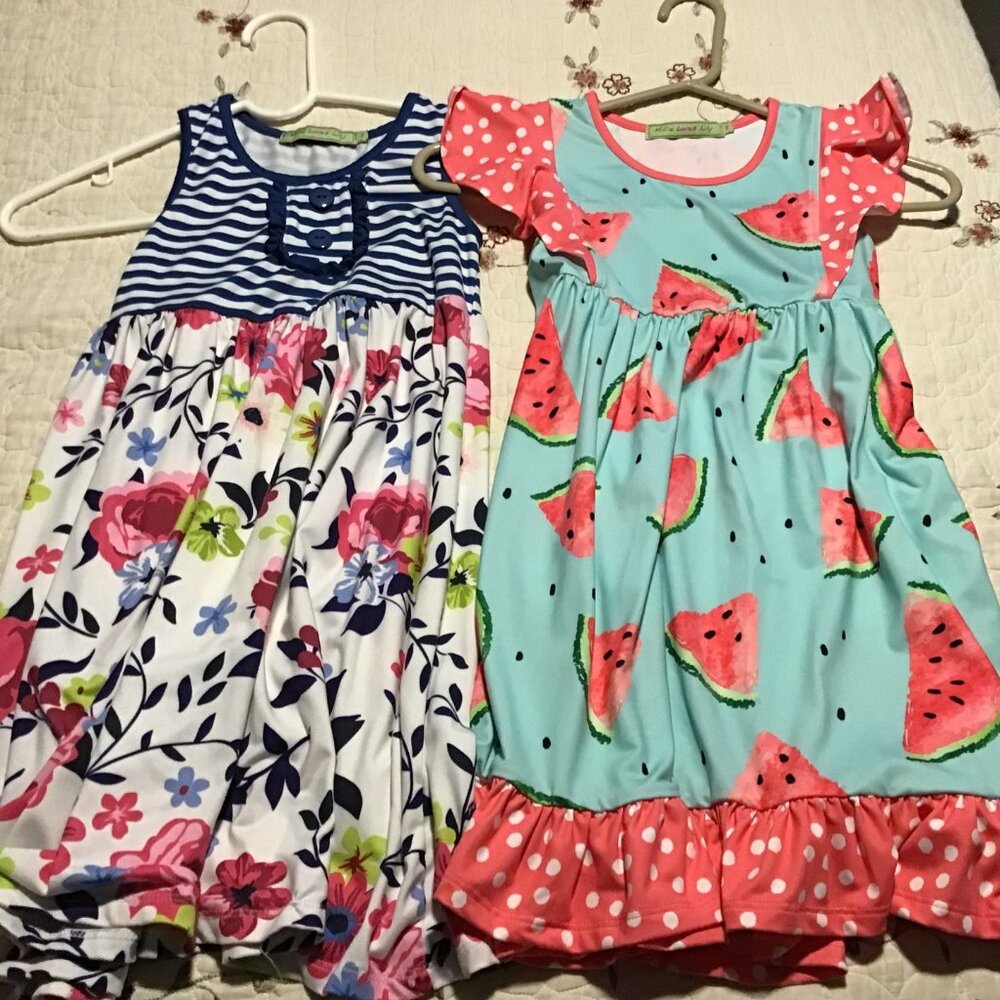 Two Millie Loves Lily Dresses Size 8--Nice Shape (Foral and Watermelon Designs)